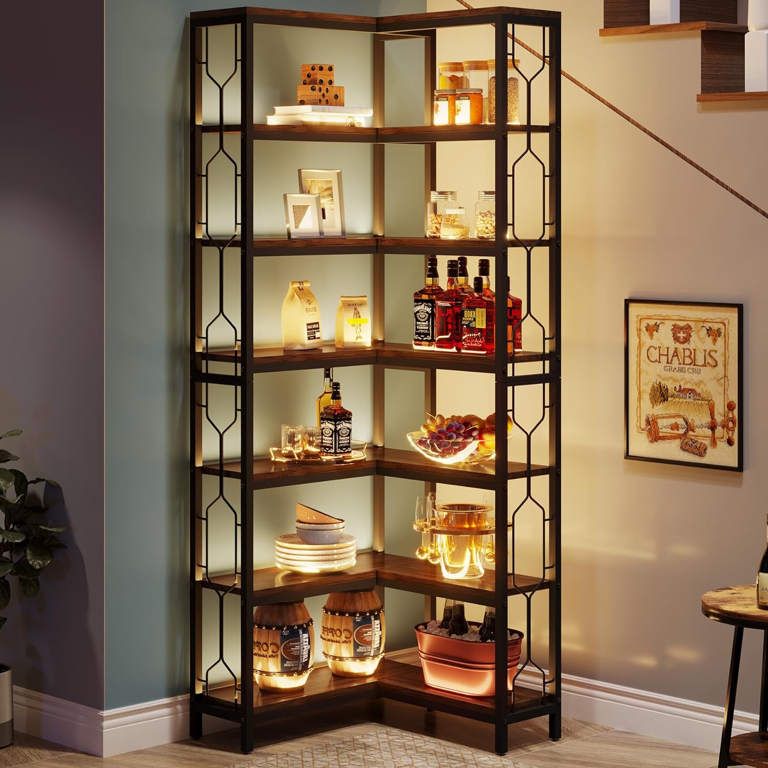 Tribesigns Corner Shelf, 7-Tier Industrial Corner Bookshelf, Wood and Metal Corner Etagere Bookcase for Living Room,Home Office