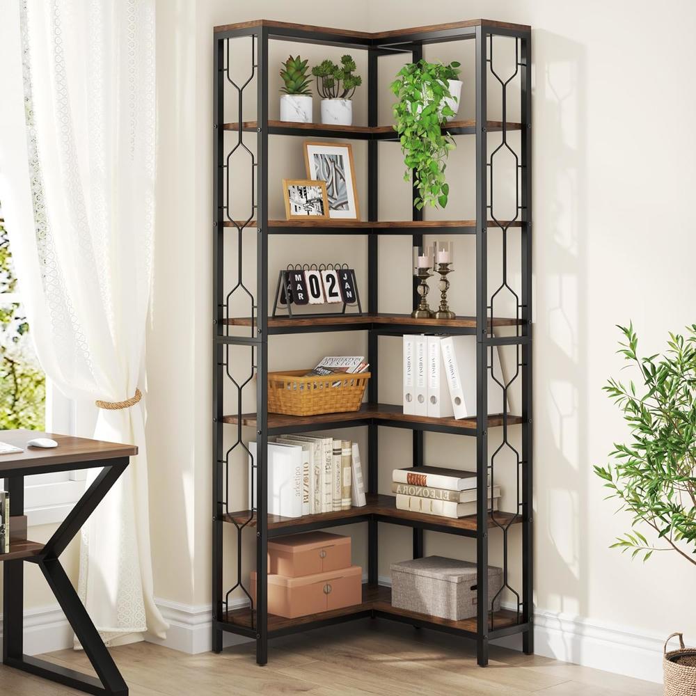 Tribesigns Corner Shelf, 7-Tier Industrial Corner Bookshelf, Wood and Metal Corner Etagere Bookcase for Living Room,Home Office