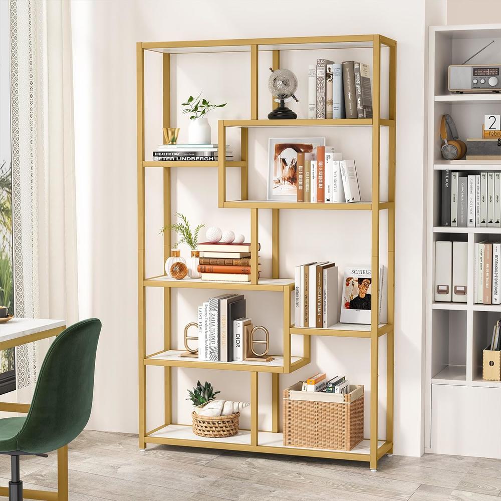 Tribesigns Bookshelf 5 Tier Etagere Bookcase, Modern Gold Book Shelf Organizer Display Rack with 8 Open Storage Shelf