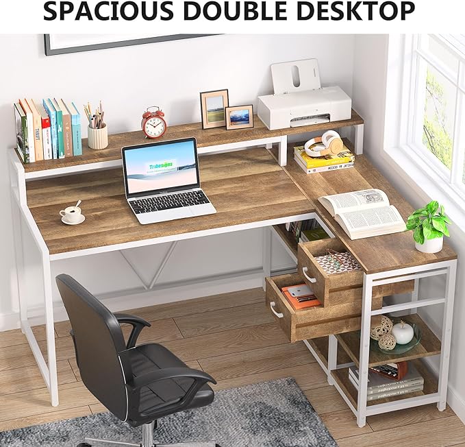 TribeSigns Reversible L Shaped Desk with Drawer, Home Office Table with Storage Shelves and Monitor Stand for small space