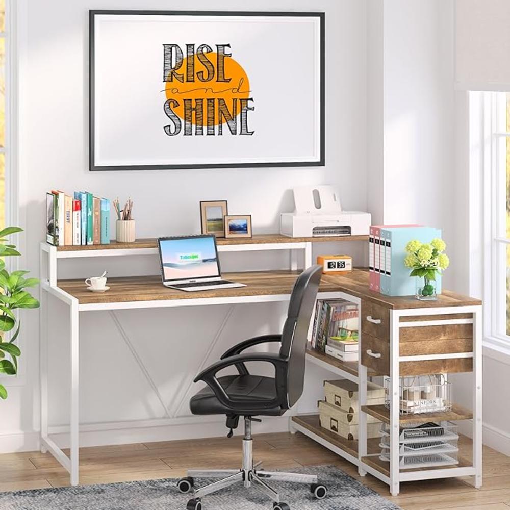 TribeSigns Reversible L Shaped Desk with Drawer, Home Office Table with Storage Shelves and Monitor Stand for small space