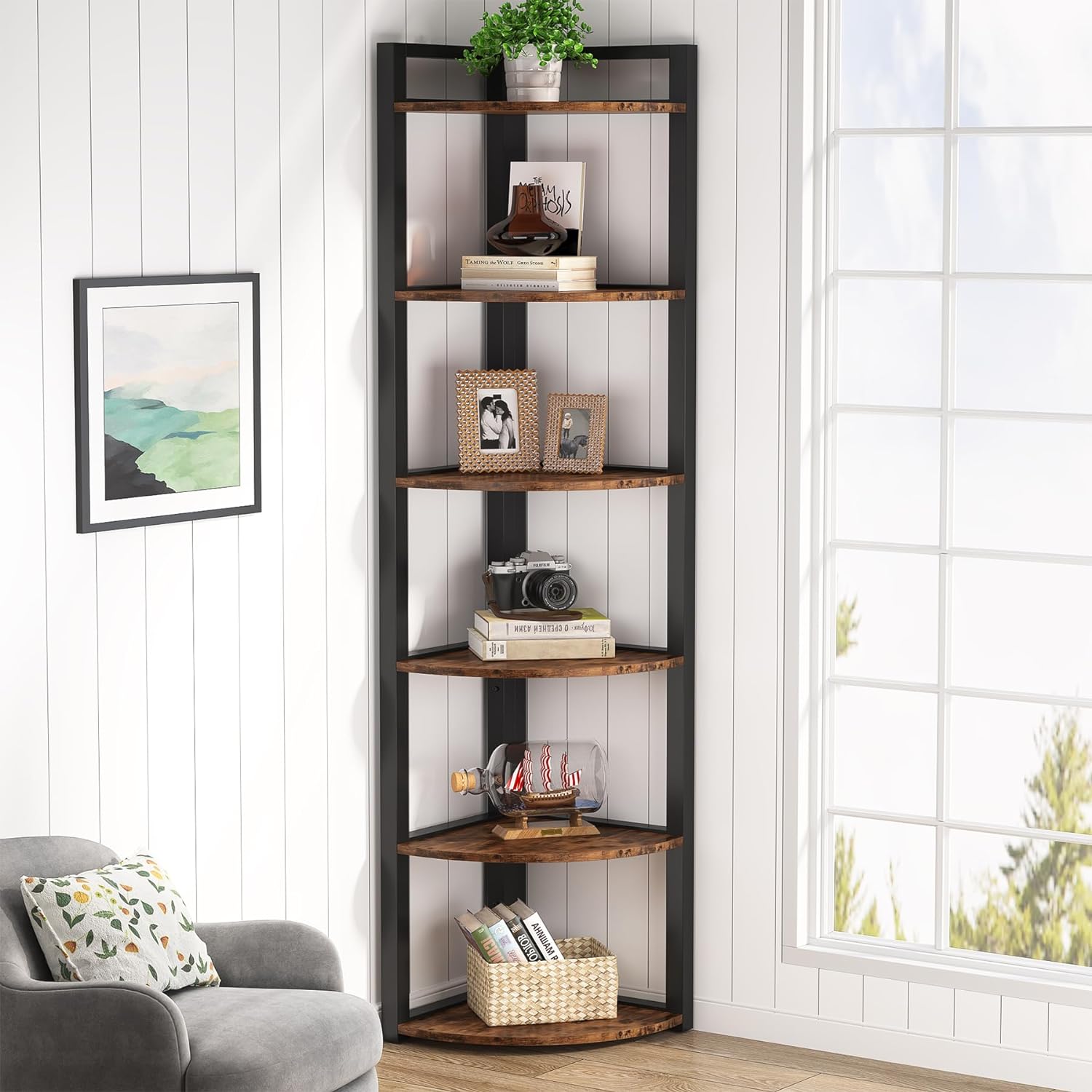 TribeSigns 6 Tier Bookshelf, 70.9 Inch Tall Corner Shelving Unit Storage Rack for Living Room, Home Office, Kitchen, Small Space
