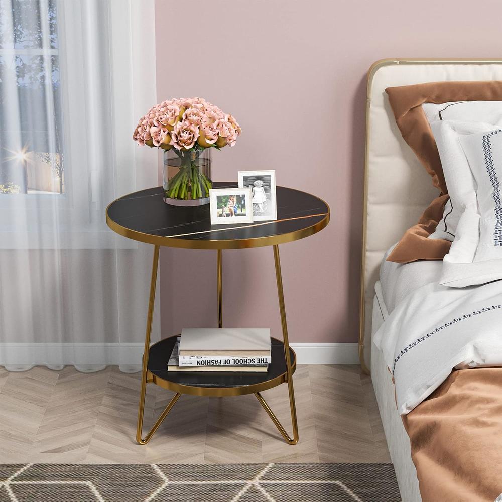 TribeSigns 2 Tier Faux Marble End Table Round Side Table with Shelves ...