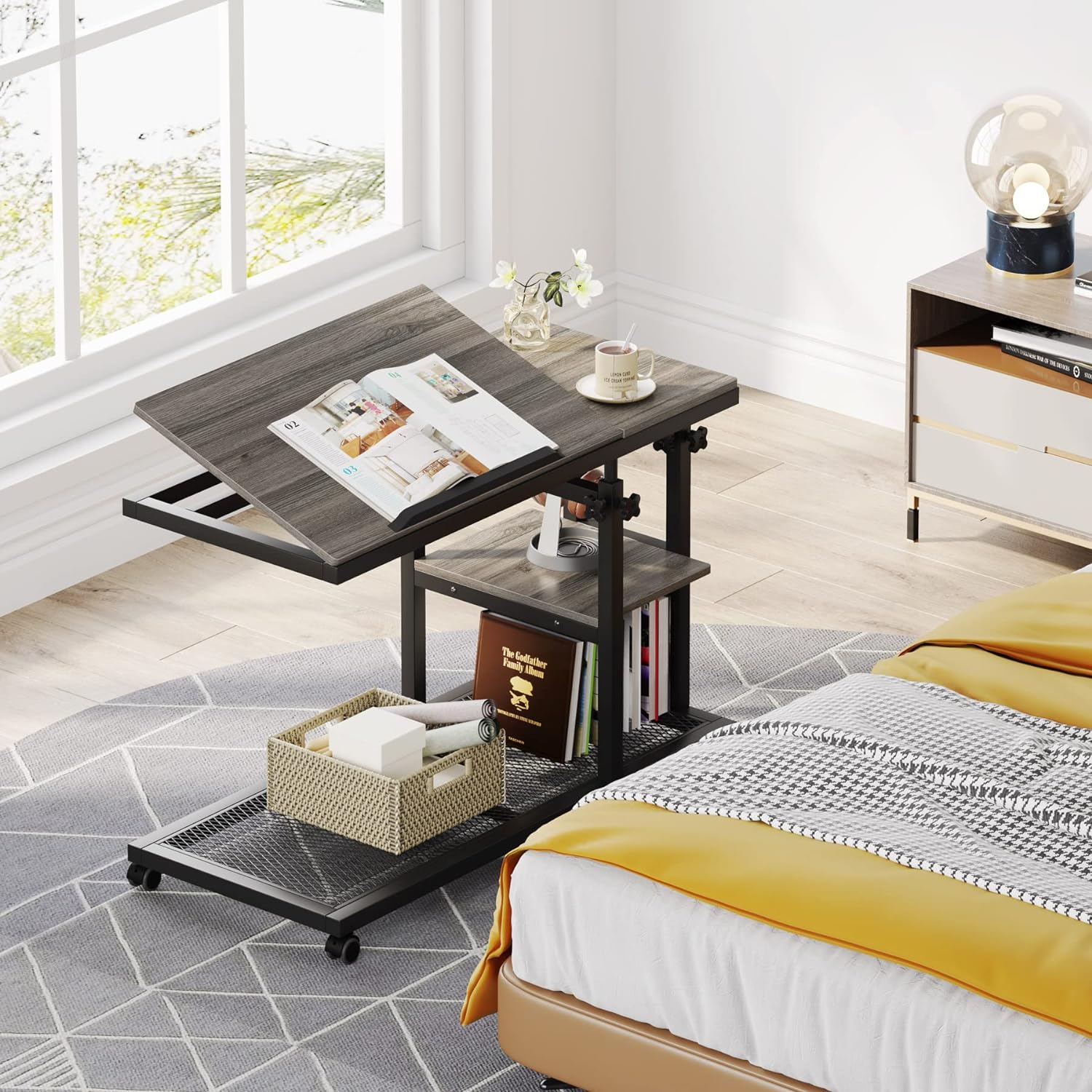 TribeSigns Height Adjustable C Table with Wheels, Sofa Bedside Laptop Stand C Shaped TV Tray with Tiltable Drawing Board