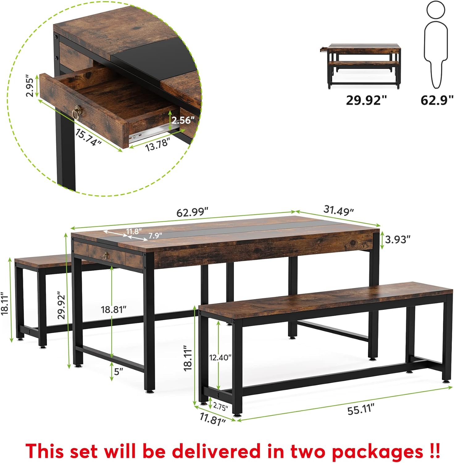 TribeSigns 63 Inch Large Dining Table Set with 2 Benches & Sided Drawer, 3-Piece Modern Industrial Bar Table Furniture