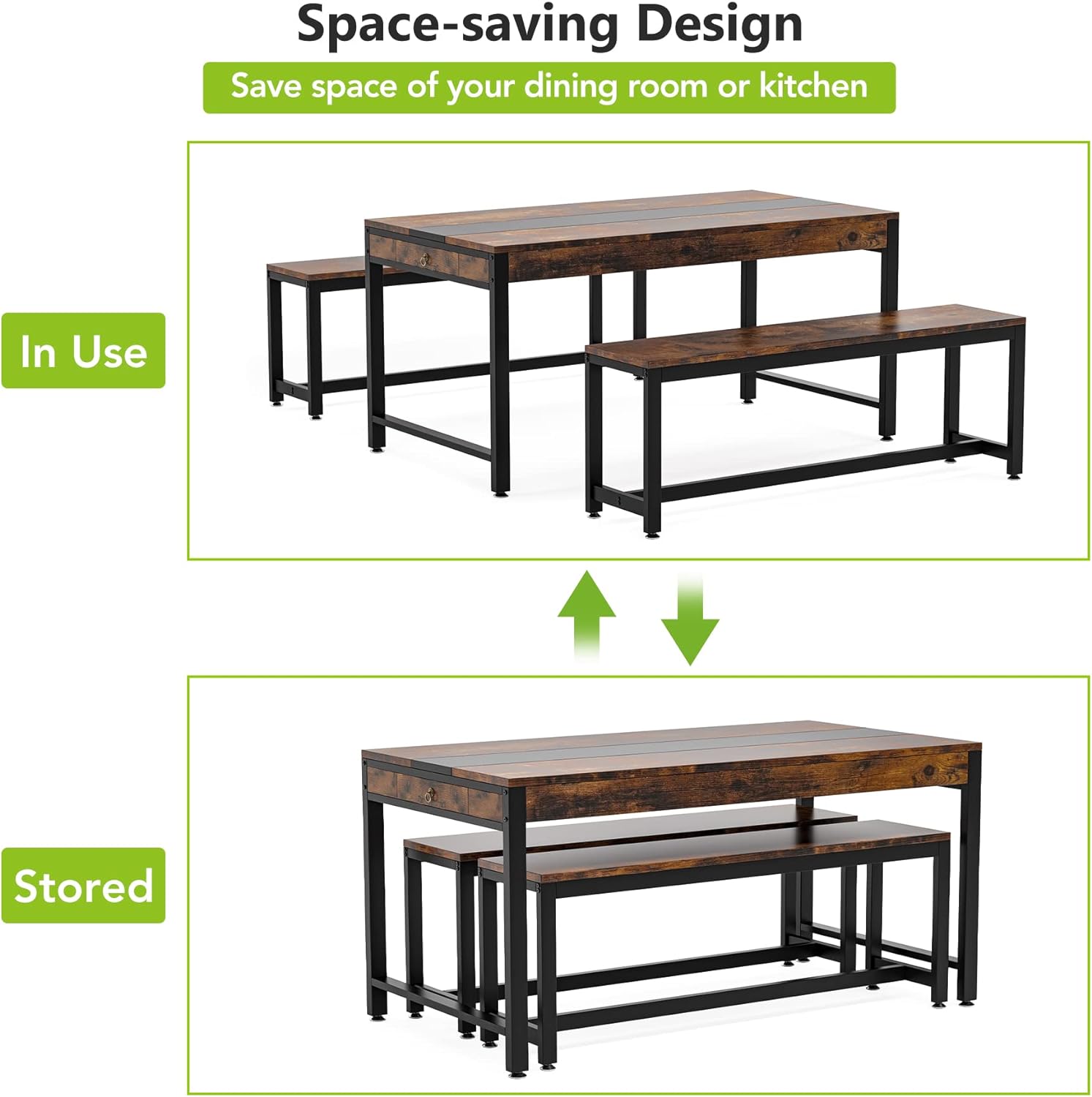 TribeSigns 63 Inch Large Dining Table Set with 2 Benches & Sided Drawer, 3-Piece Modern Industrial Bar Table Furniture