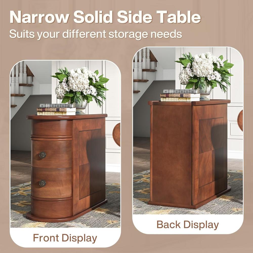 Tribesigns Wood End Table, 2-Drawer Narrow Solid Side Table Slim Chair Side Table, No Assembly Required, Finished Back, Walnut