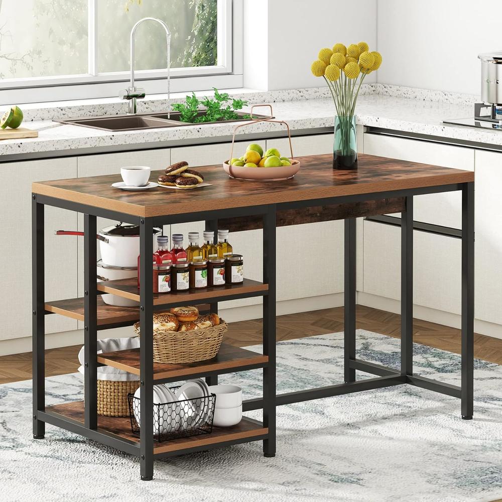 Tribesigns Kitchen Island with Storage Shelves, Industrial Small Dining Island Table with 5 Shelves and Large Worktop