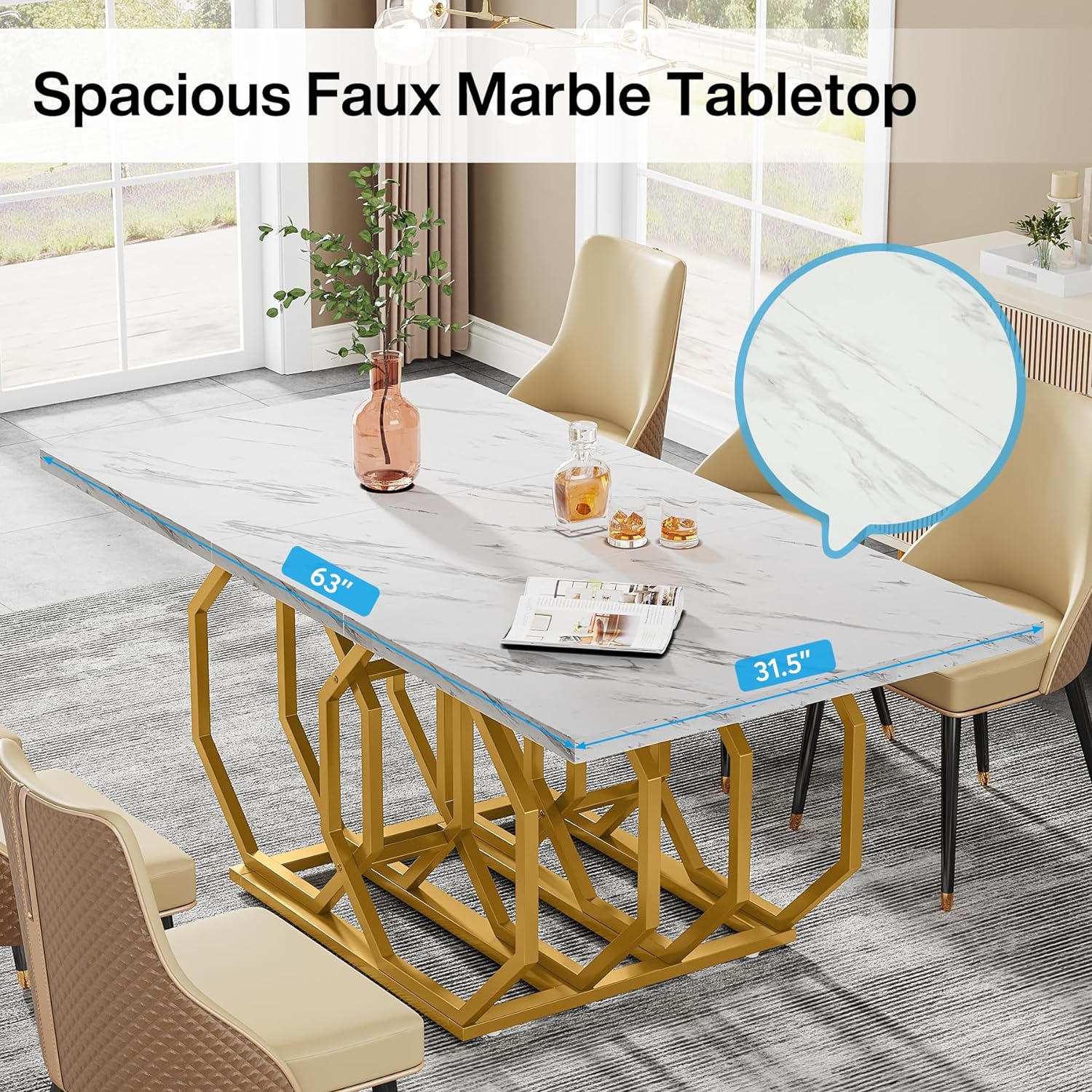 TribeSigns 63 inch Dining Table for 6, Modern Large Rectangle Kitchen Table with Faux Marble Tabletop and Geometric Pedestal