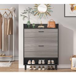 Tribesigns 2-Tier Shoe Storage Cabinet with Flip Doors, Shoe Organizer Rack with Open Shelves for Narrow Closet, Entryway
