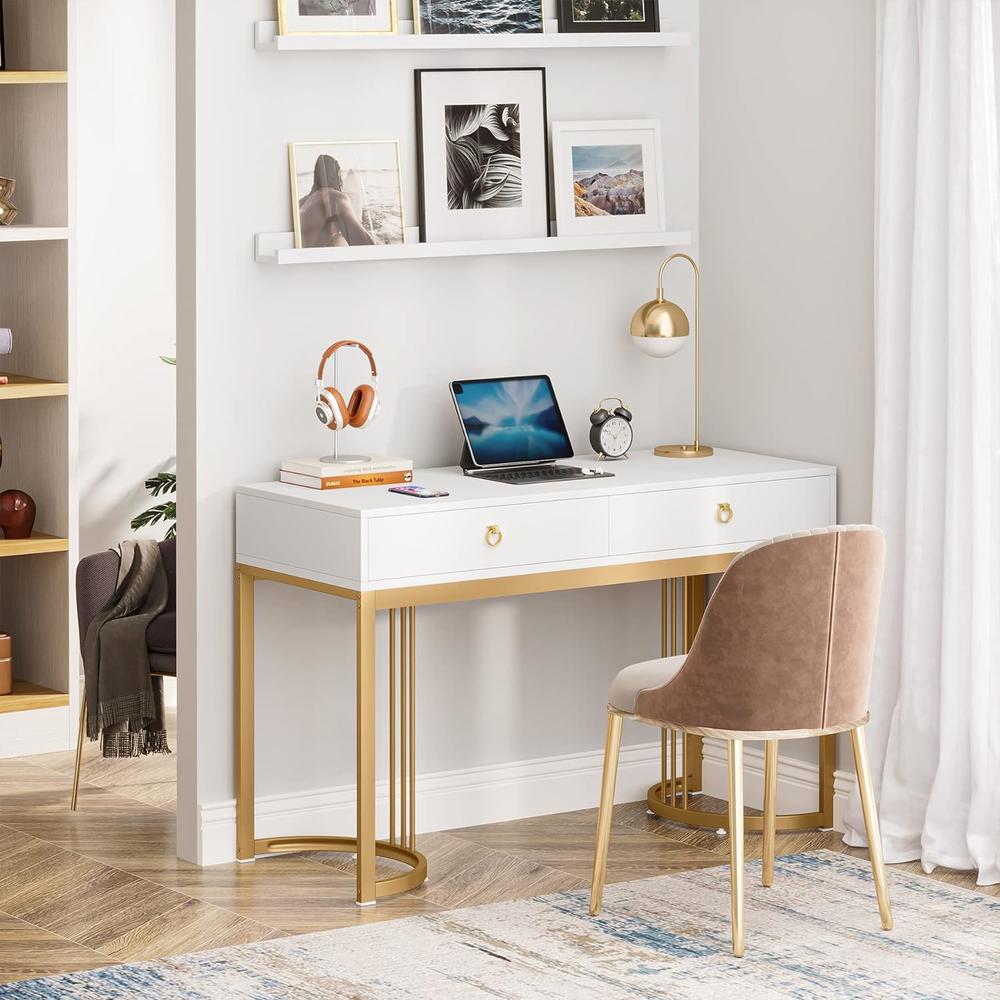 TribeSigns 47 inch Computer Desk with 2 Drawers, Modern Simple White Vanity Desks Makeup Table with Golden Metal Frame Handles for Bedroom