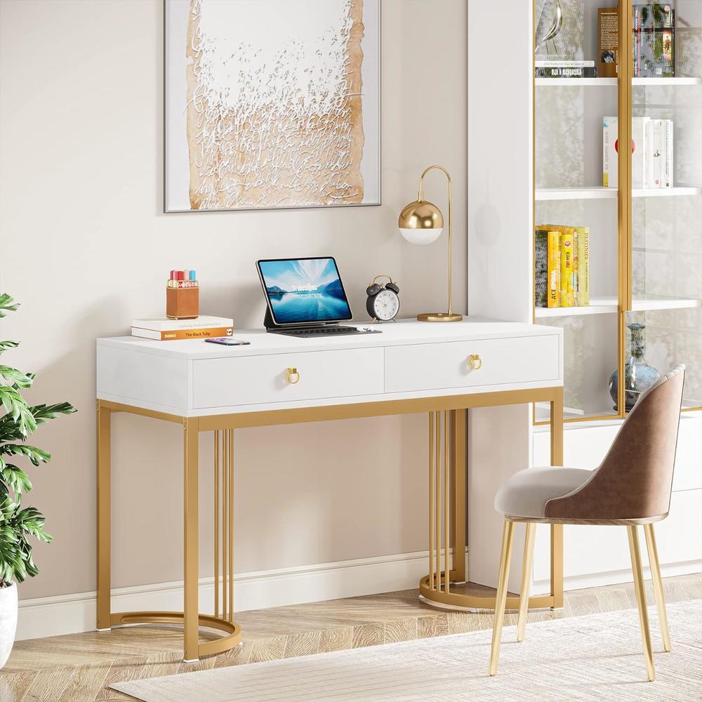 TribeSigns 47 inch Computer Desk with 2 Drawers, Modern Simple White Vanity Desks Makeup Table with Golden Metal Frame Handles for Bedroom
