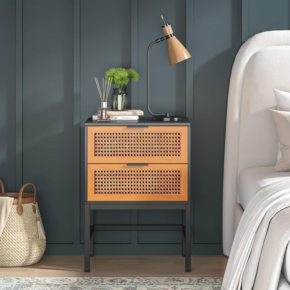 TribeSigns Vintage Rattan 2-Drawers Nightstand,  Retro Mid-Centry Bedside Table with Metal Legs and Big Storage for Bedroom