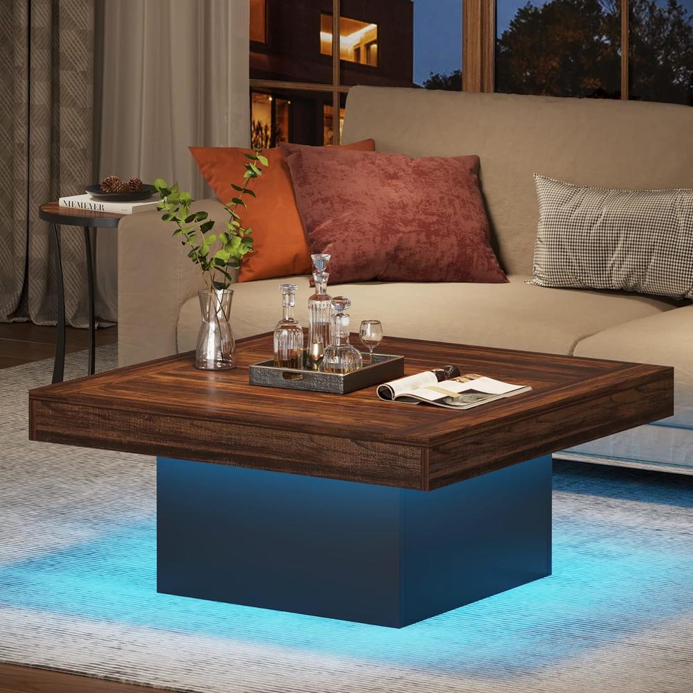 TribeSigns Square Coffee Table, Farmhouse Wood Cocktail Table with LED Light for Living Room