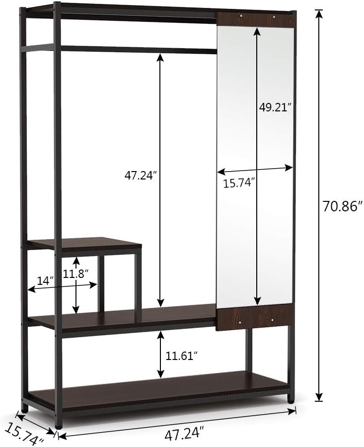Tribesigns Free Standing Closet Organizer With Full Length Mirror Heavy Duty Clothes Rack With Storage And Hanging Rod