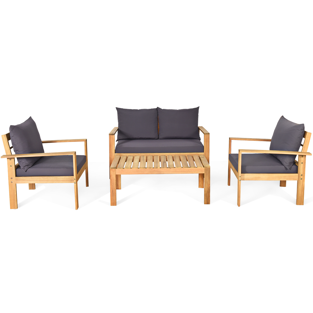 Topbuy 4 PCS Outdoor Acacia Wood Conversation Sofa Table Furniture Set W/ Grey Cushions