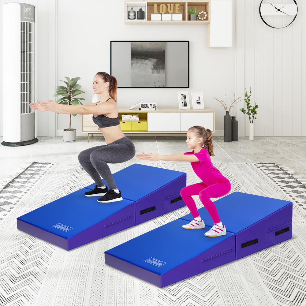 Topbuy Folding Incline Gymnastics Mat Cheese Wedge Shape Tumbling Mat for Training & Exercise W/Handles Blue/Pink/Purple/Yellow