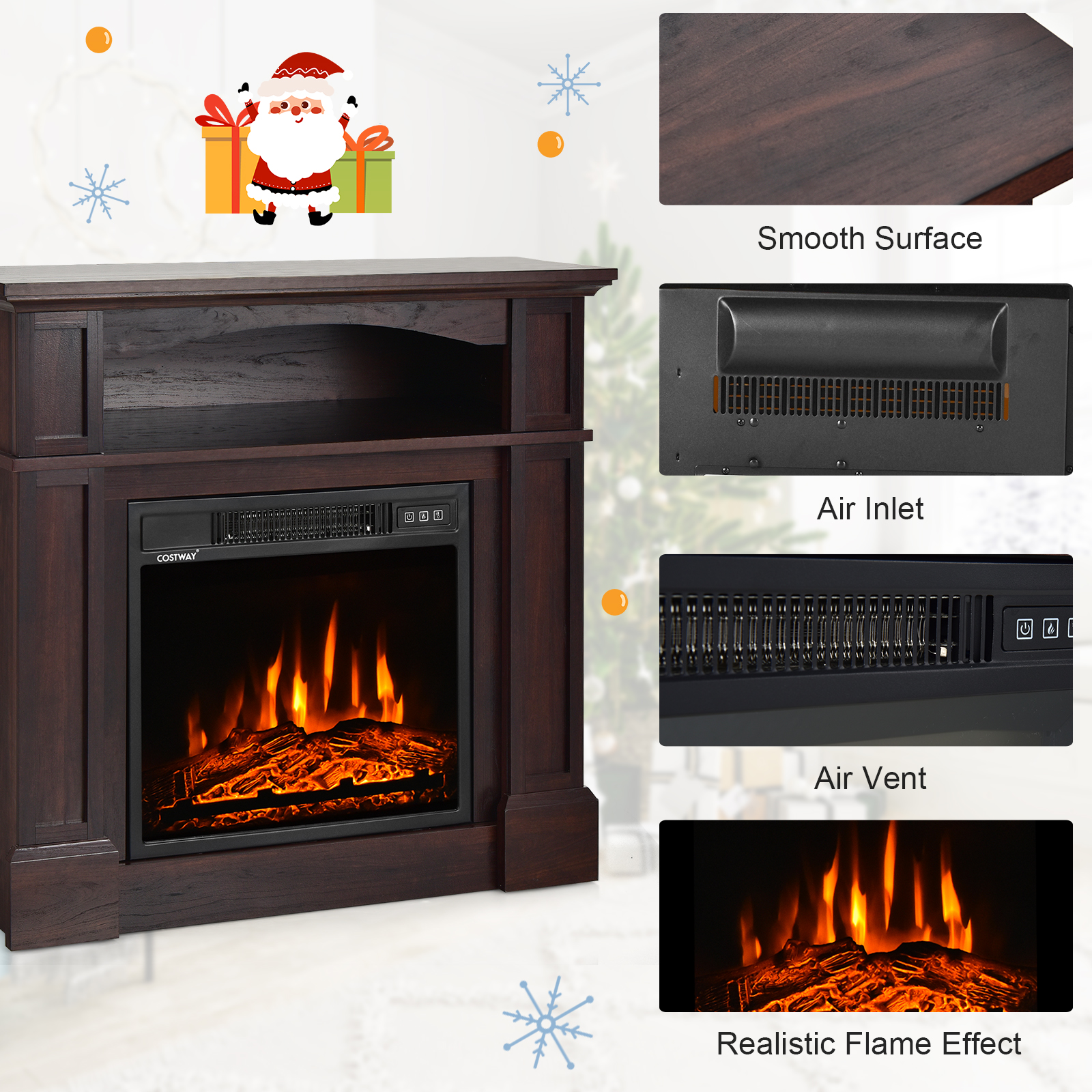 Topbuy 32" Electric Fireplace with Mantel 1400W Freestanding Heater with Remote Control & Adjustable Brightness Brown