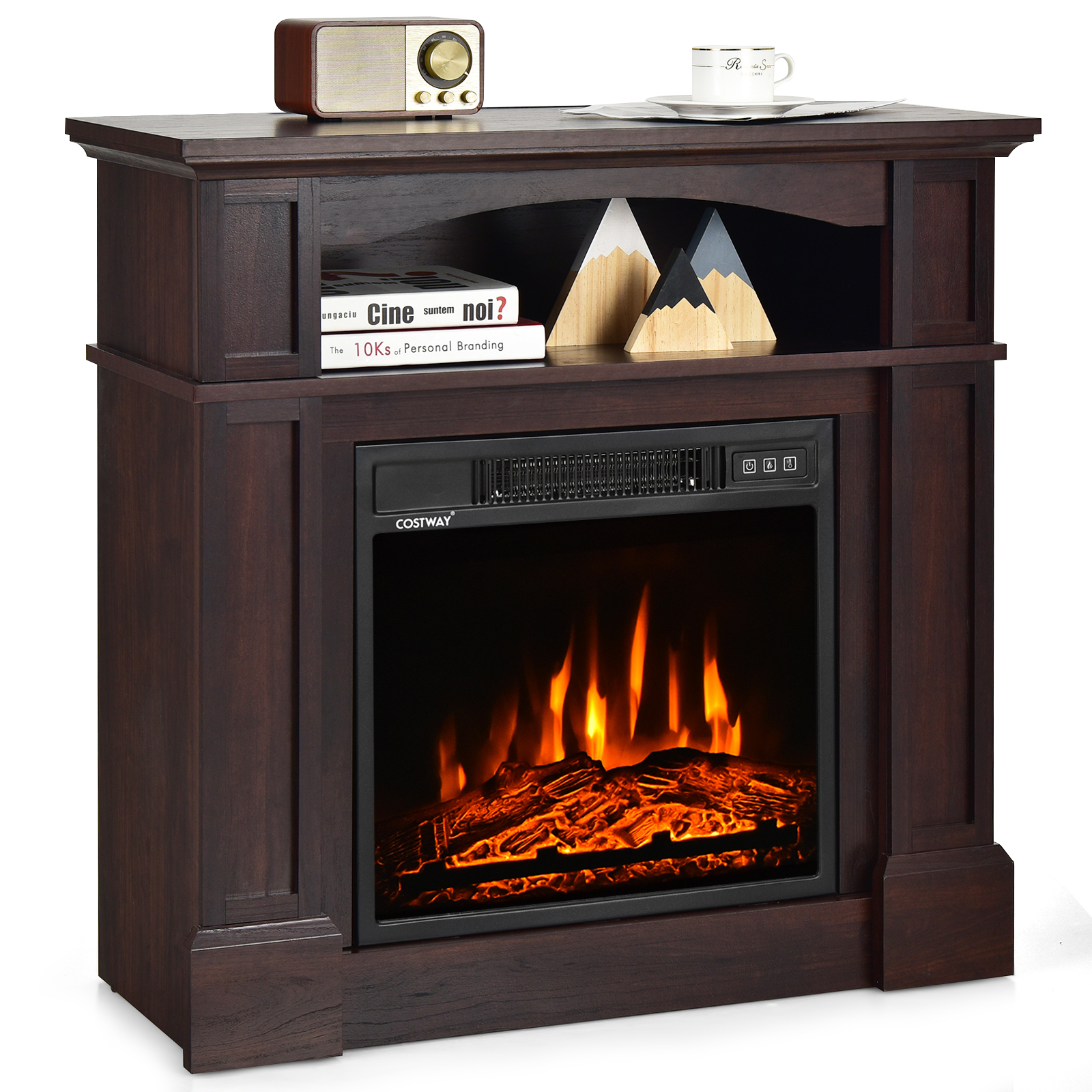 Topbuy 32" Electric Fireplace with Mantel 1400W Freestanding Heater with Remote Control & Adjustable Brightness Brown