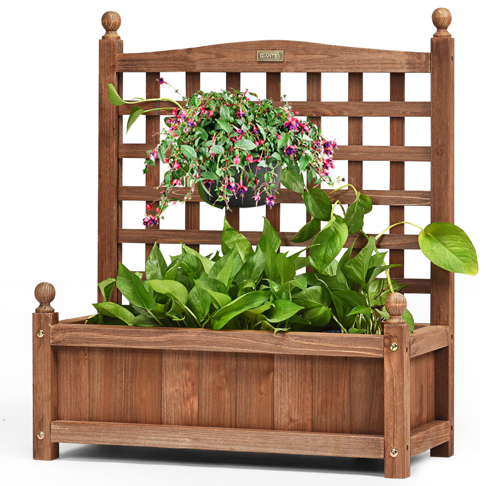 Topbuy Set of 2 Outdoor Wooden Plant Box Flower Plant Growing Box Holder with Trellis