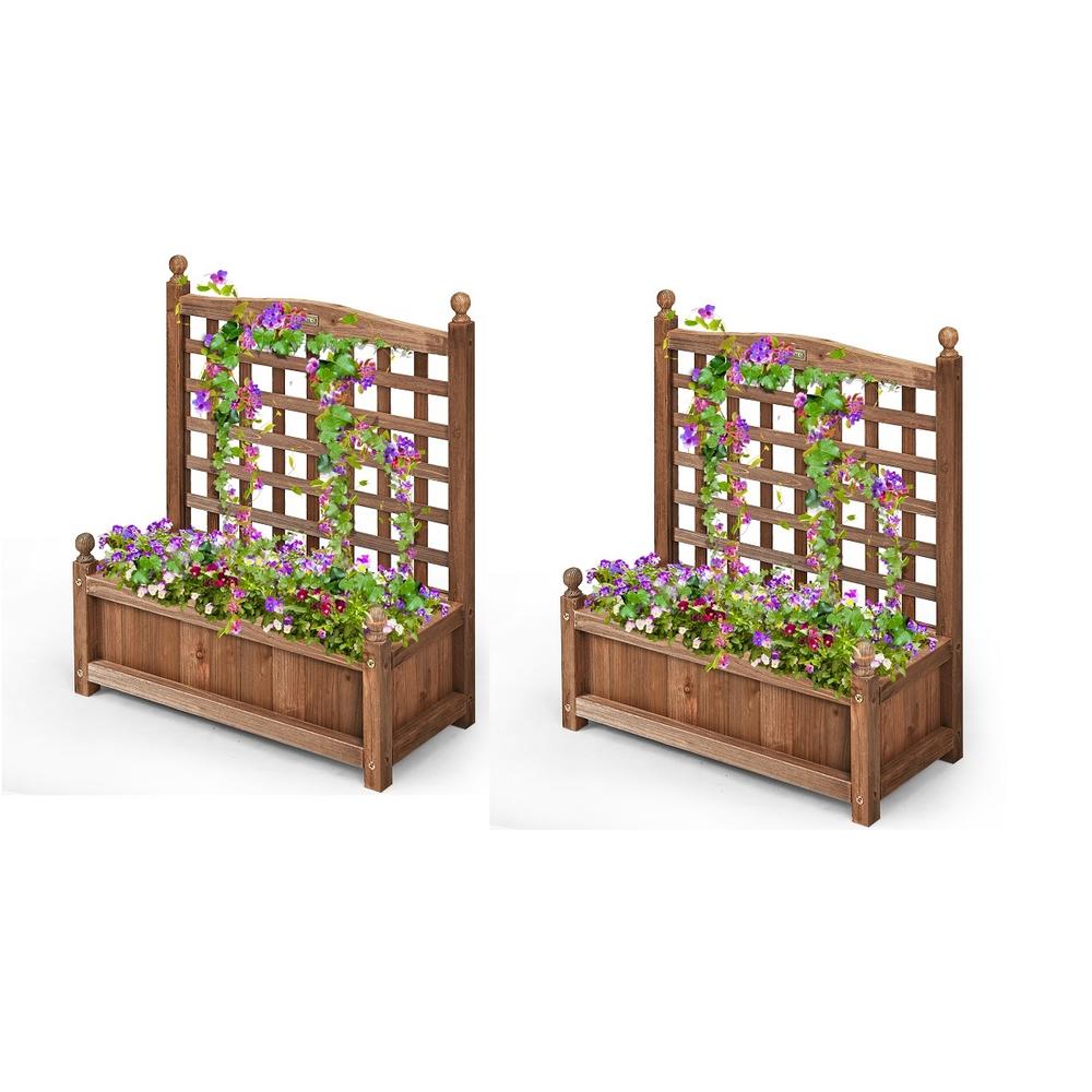 Topbuy Set of 2 Outdoor Wooden Plant Box Flower Plant Growing Box Holder with Trellis