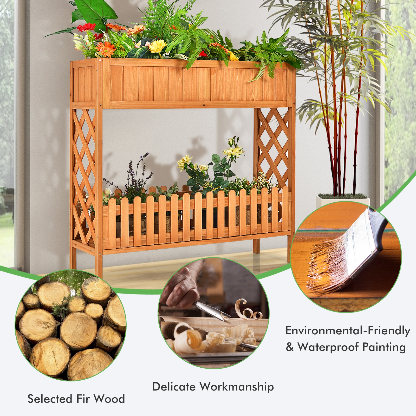 Topbuy Outdoor 2-Tier Wood Planter Raised Garden Bed Elevated Planter Box Kit w/Liner & Shelf for Backyard Patio