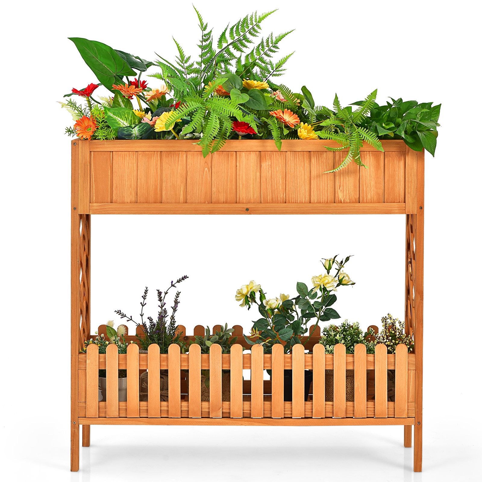 Topbuy Outdoor 2-Tier Wood Planter Raised Garden Bed Elevated Planter Box Kit w/Liner & Shelf for Backyard Patio