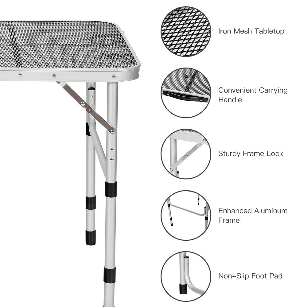 Topbuy Patiojoy Folding Camping Table Lightweight Portable Aluminum Metal Grill Stand Picnic Table with Iron Mesh Top for Outdoor BBQ