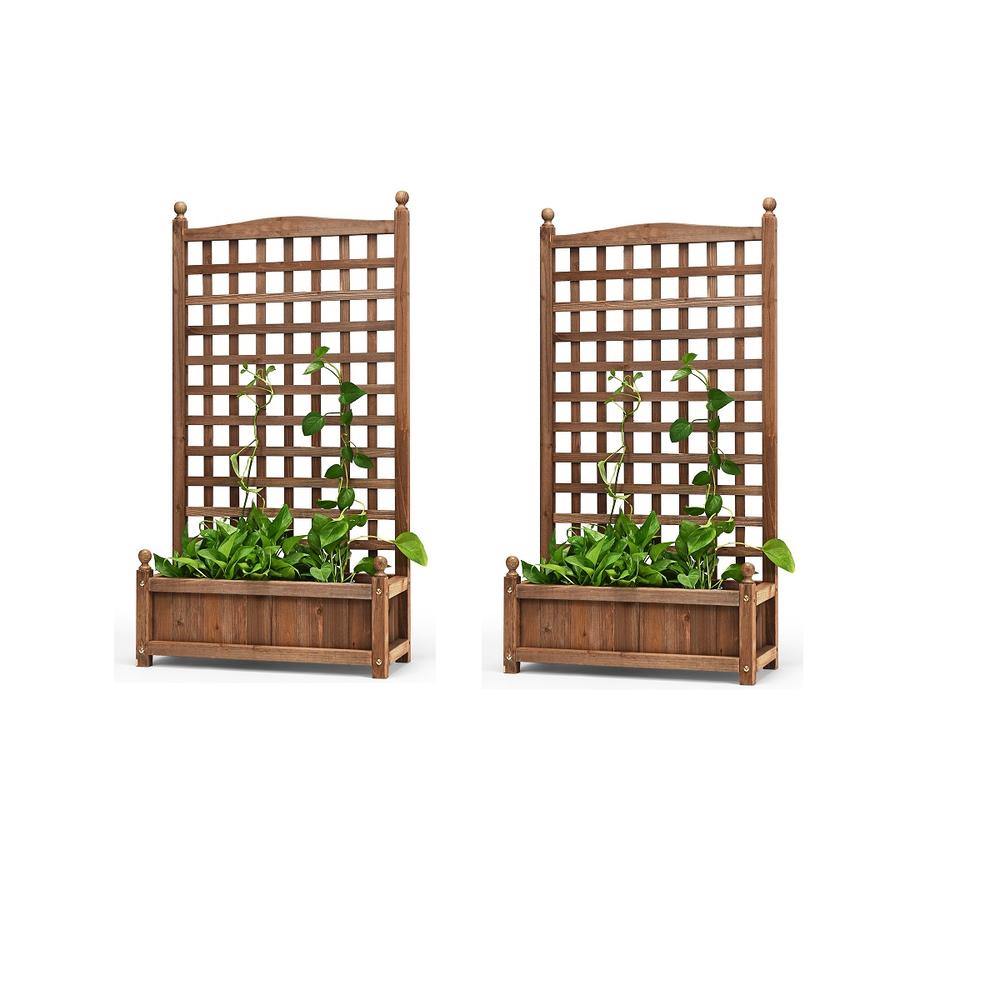 Topbuy set of 2  Wooden Plant Box Flower Plant Growing Box Holder with Trellis