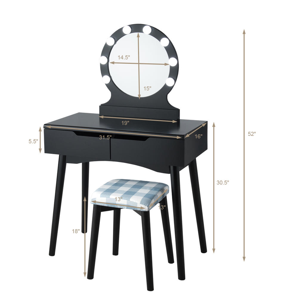 Topbuy Vanity Table Set w/ Lighted Makeup Dresser Mirror & Drawers Black