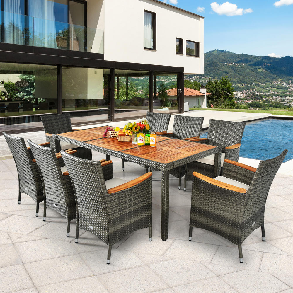 Topbuy Patiojoy 9PCS Patio Rattan Furniture Dining Set Acacia Wood Table Cushioned Chair for Outdoor