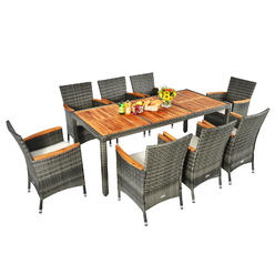 Topbuy Patiojoy 9PCS Patio Rattan Furniture Dining Set Acacia Wood Table Cushioned Chair for Outdoor