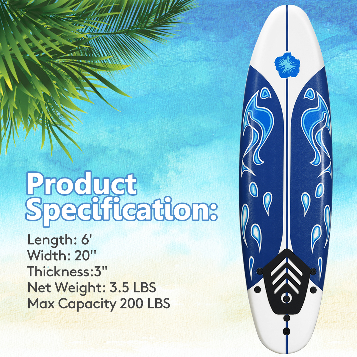 Topbuy 6' Surfboard Inflation-free Long Surfing Board with Safety Leash White