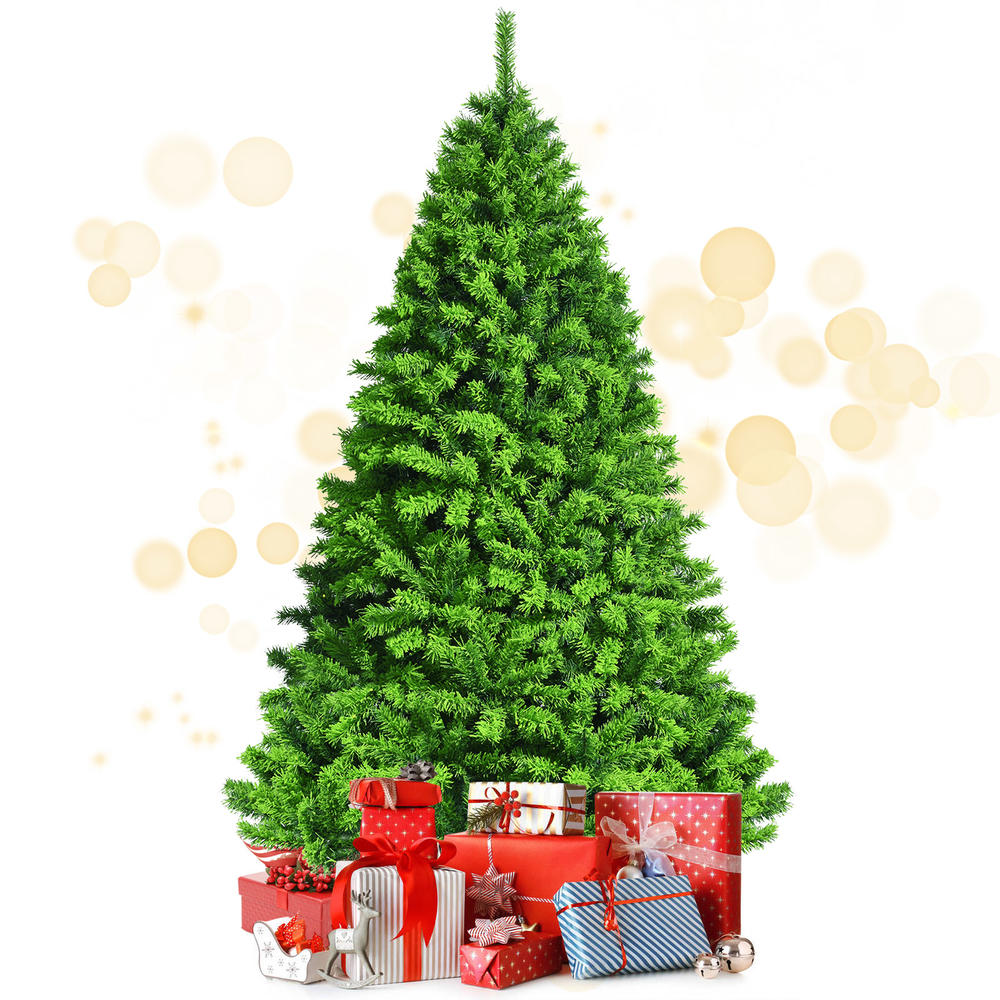 Topbuy Flocked Christmas Tree in Green Color 4.5FT/6.5FT/7.5FT Verdant Realistic Hinged Xmas Tree W/ Branch Tips