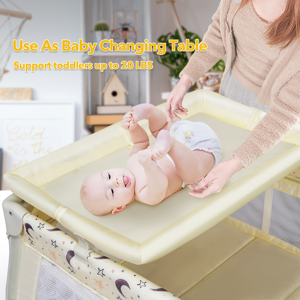 Topbuy 3 in 1 Foldable Baby Playard Changing Table& Nursery Center with Bassinet Beige/Gray/Pink
