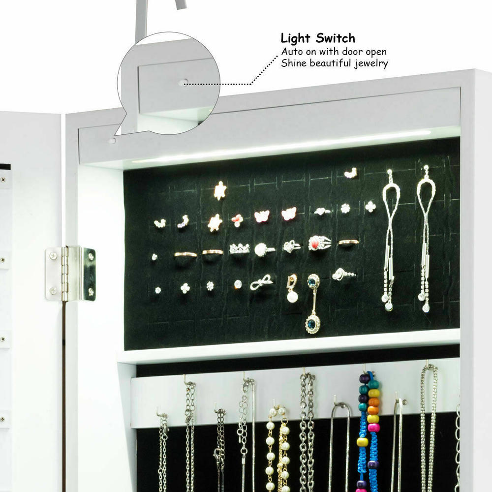 Topbuy Wall Mounted Mirrored Jewelry Organizer White Armoire Cabinet w/ LED & Lock