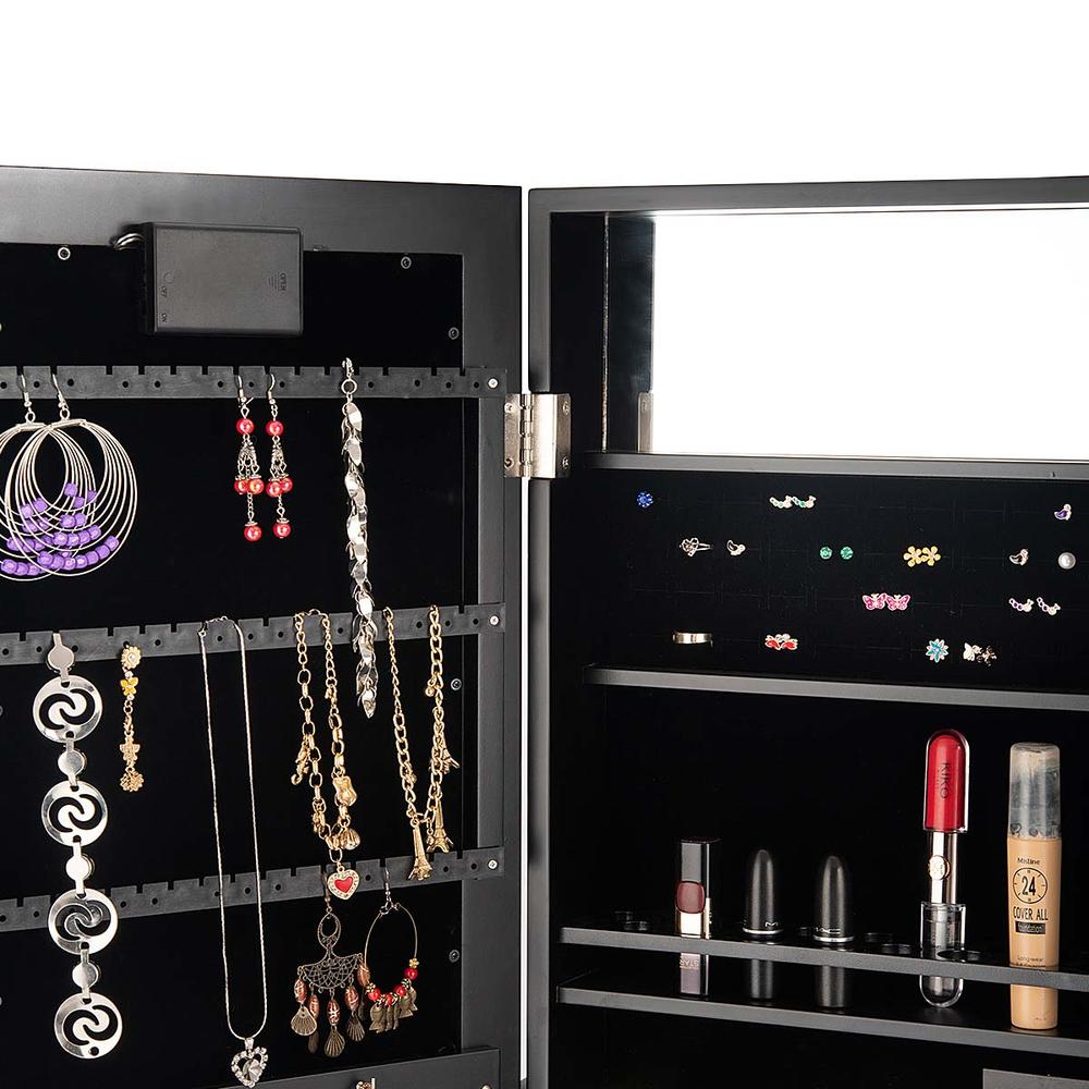 Topbuy LED Lighting Mirrored Jewelry Cabinet Armoire Free Standing Dressing Organizer Black