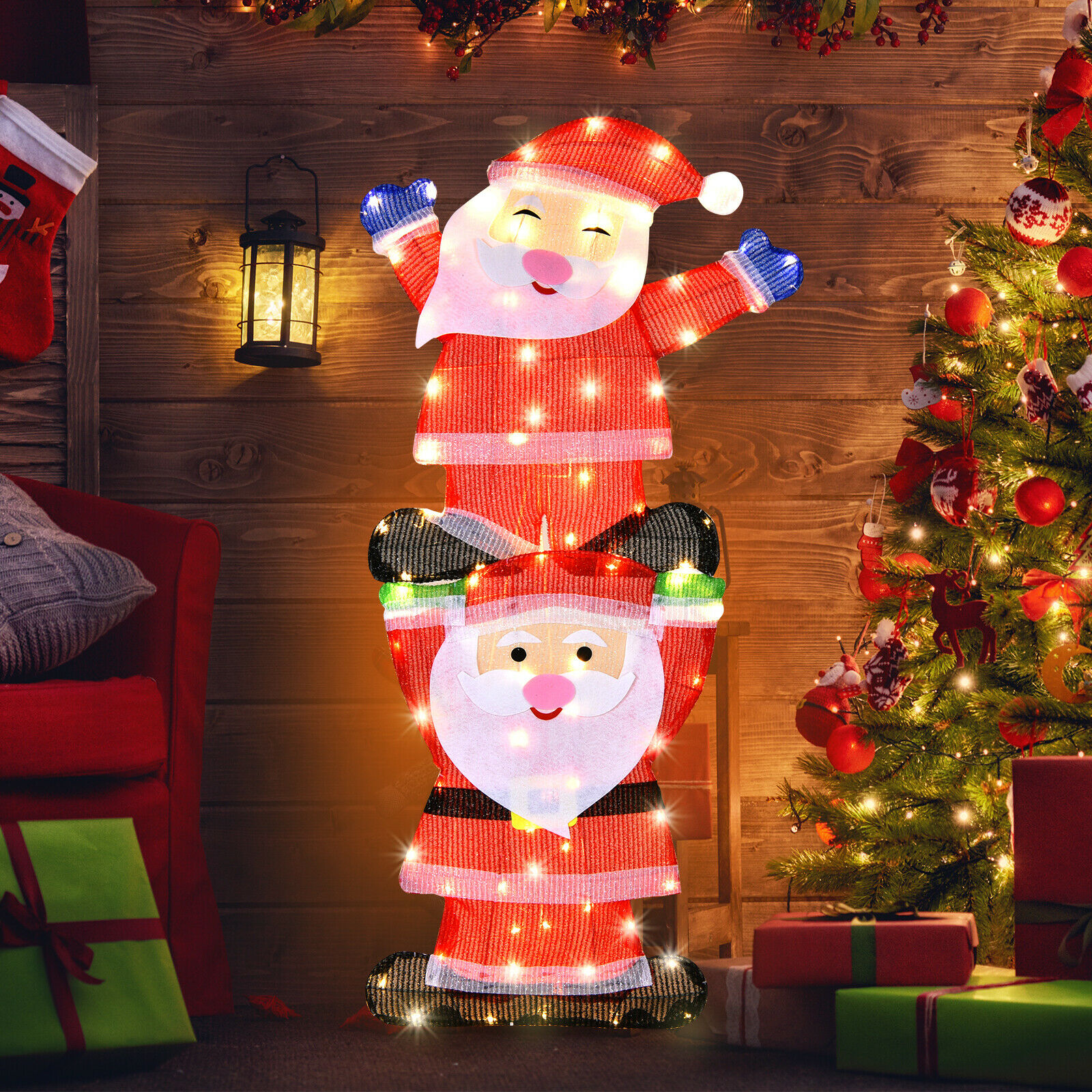 Topbuy LED Double Santa Yard Sign Santa Christmas Decoration W/ String Lights & Stakes