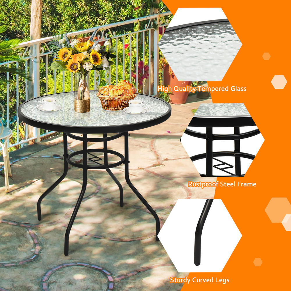 Topbuy Patio Round Table Patio Furniture Steel Frame Dining Table w/ Glass Top