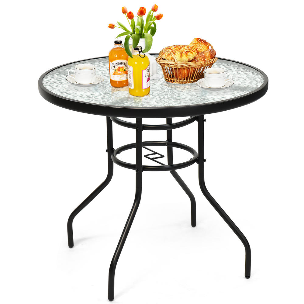 Topbuy Patio Round Table Patio Furniture Steel Frame Dining Table w/ Glass Top