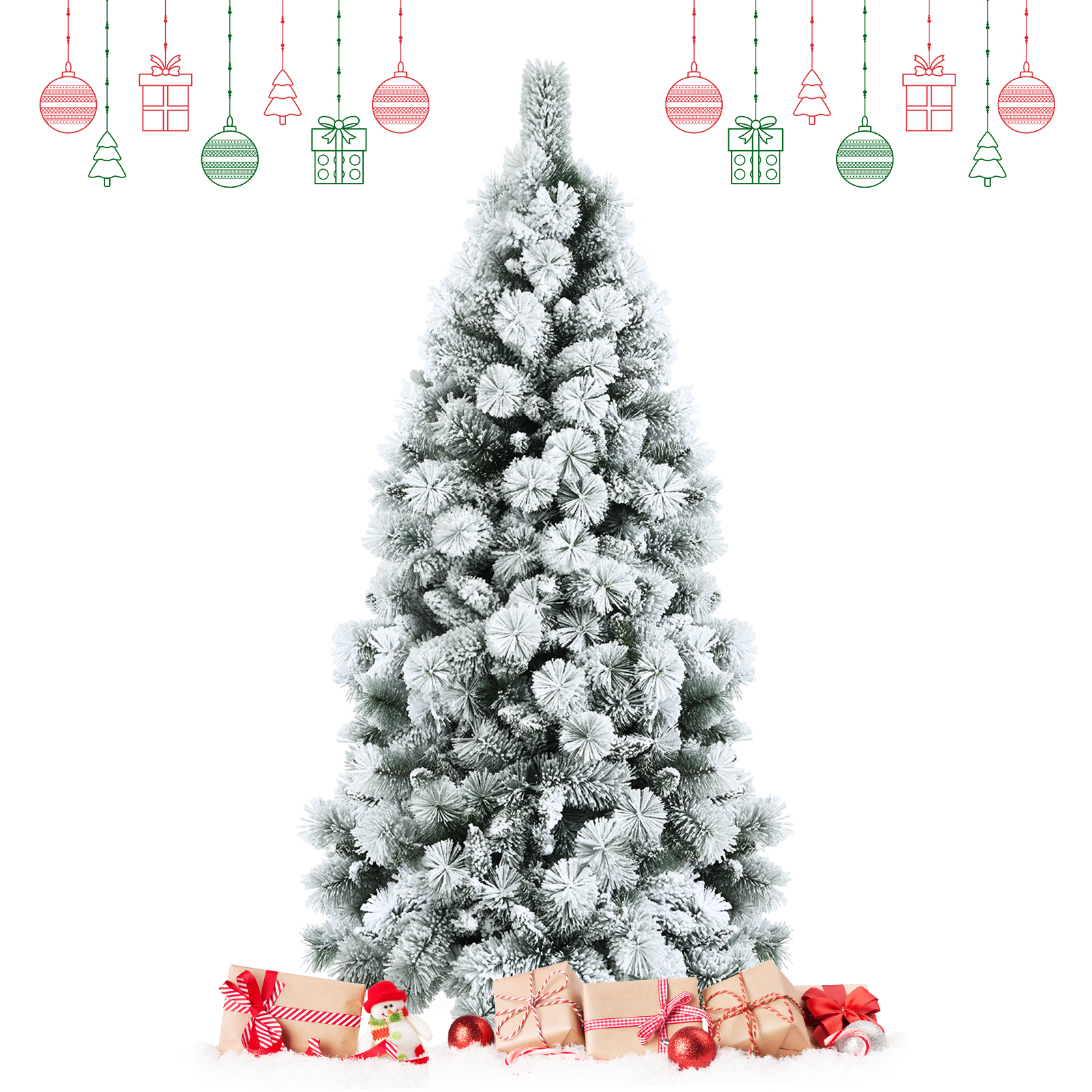 Topbuy 5FT Hinged Slim Artificial Xmas Tree, Snow-Flocked Pencil Christmas Tree W/ 470 Branch Tips