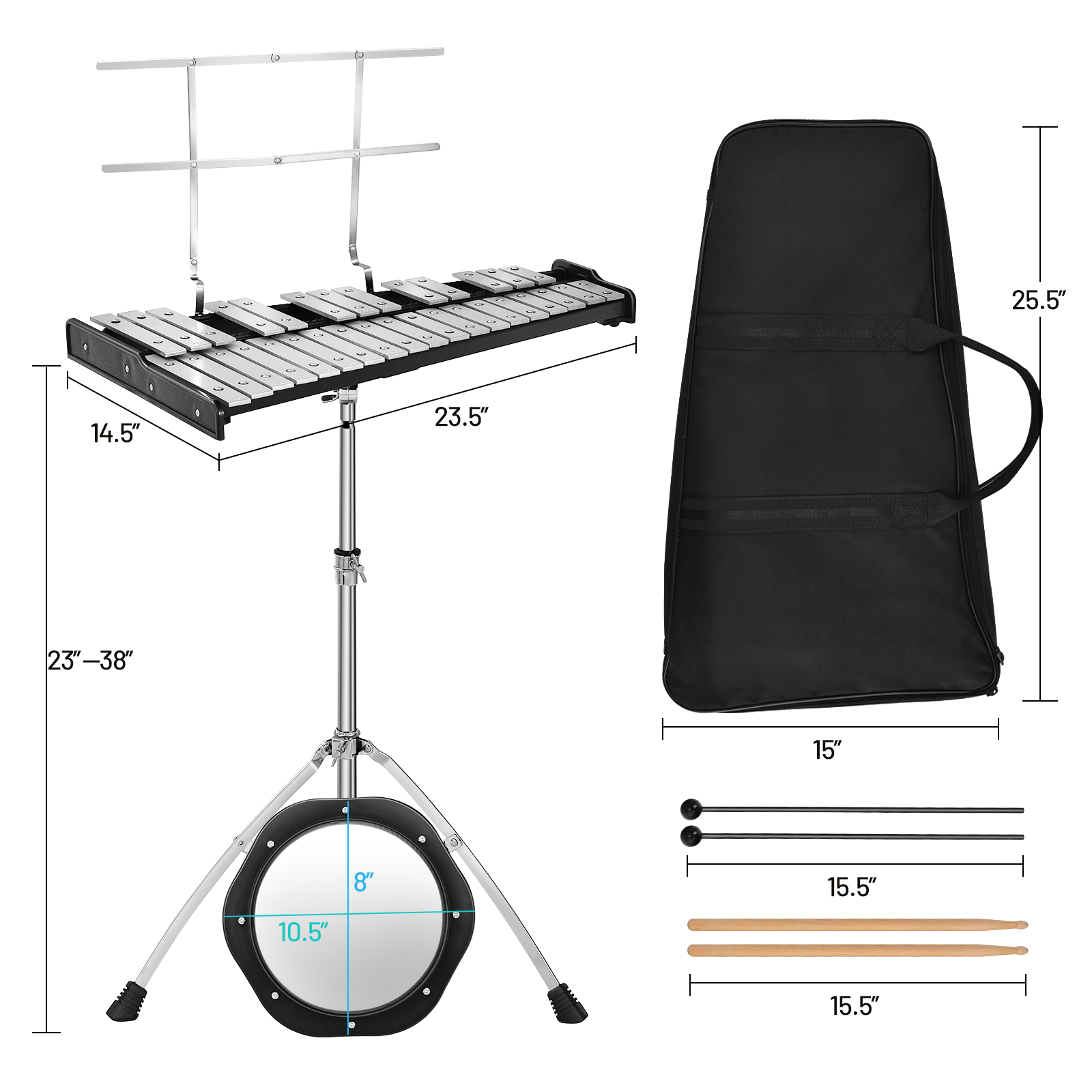 Topbuy 32 Notes Percussion Glockenspiel Bell Kit Xylophone with Adjustable Stand&8'' Practice Pad