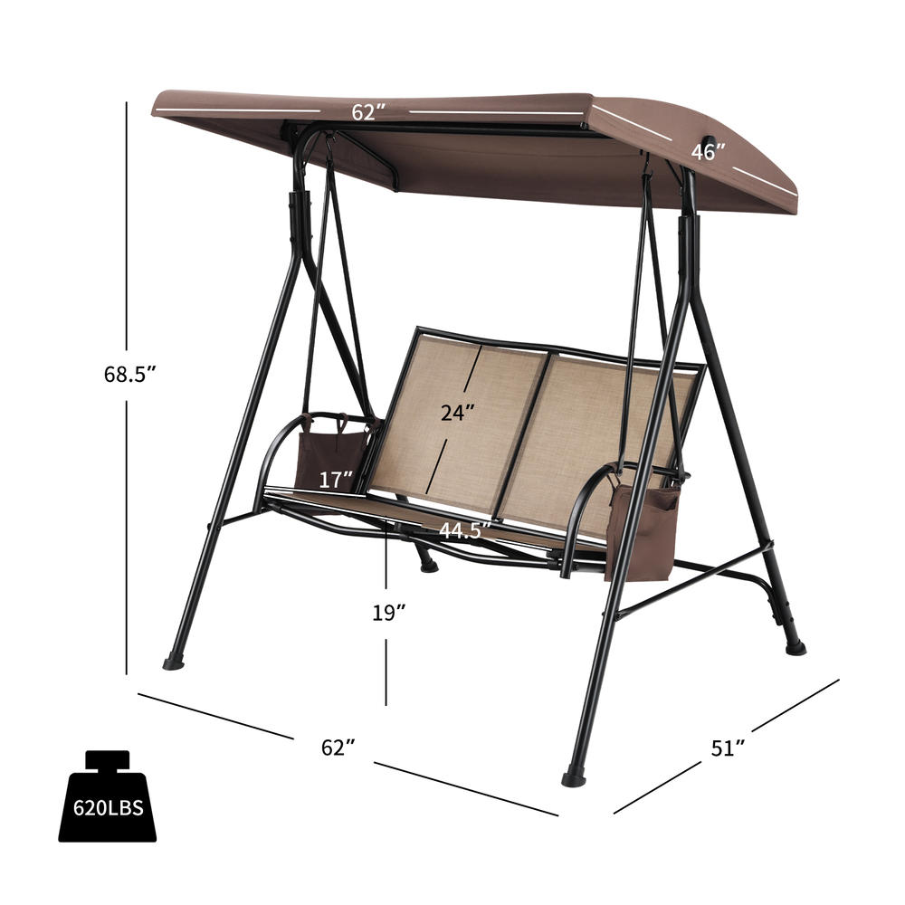 Topbuy 2-Person Patio Swing Seat Outdoor Porch Swing All Weather Hammock w/Canopy & Storage Pockets Brown