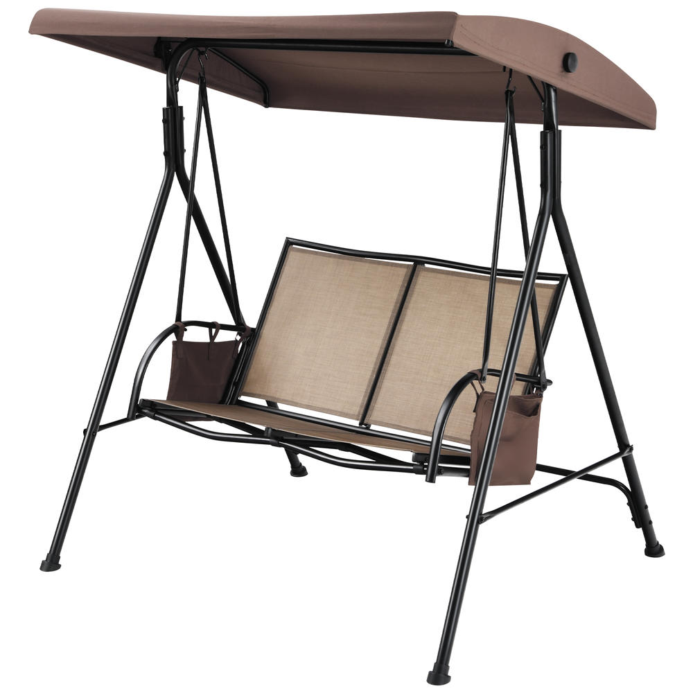 Topbuy 2-Person Patio Swing Seat Outdoor Porch Swing All Weather Hammock w/Canopy & Storage Pockets Brown