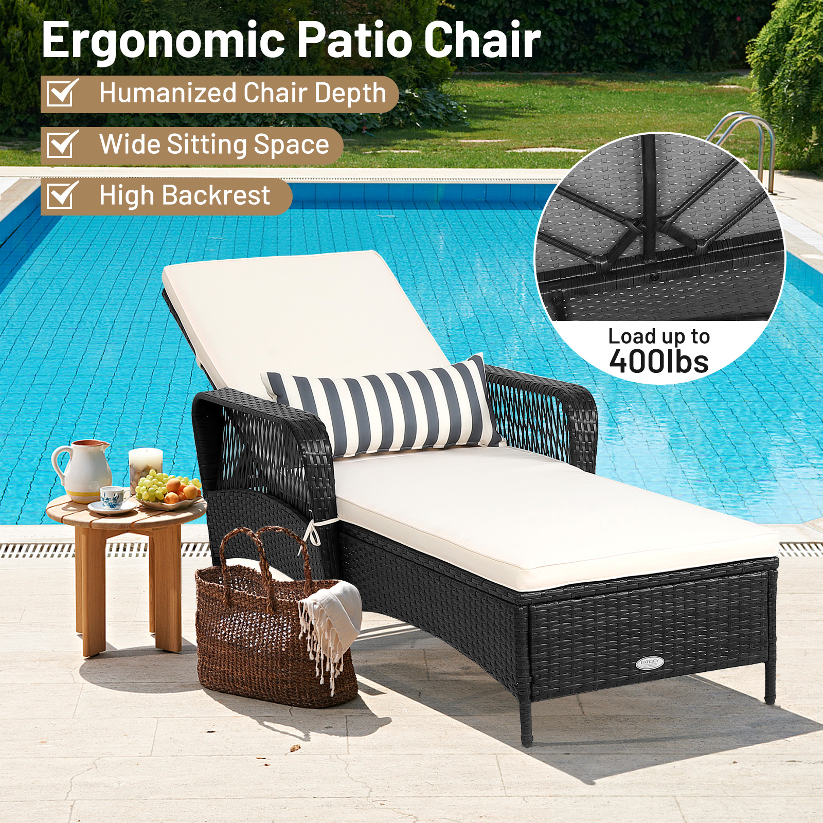 Topbuy Patiojoy Outdoor Chaise Rattan Lounge Chair Patio Reclining Chair w/6 Positions Adjustable Backrest