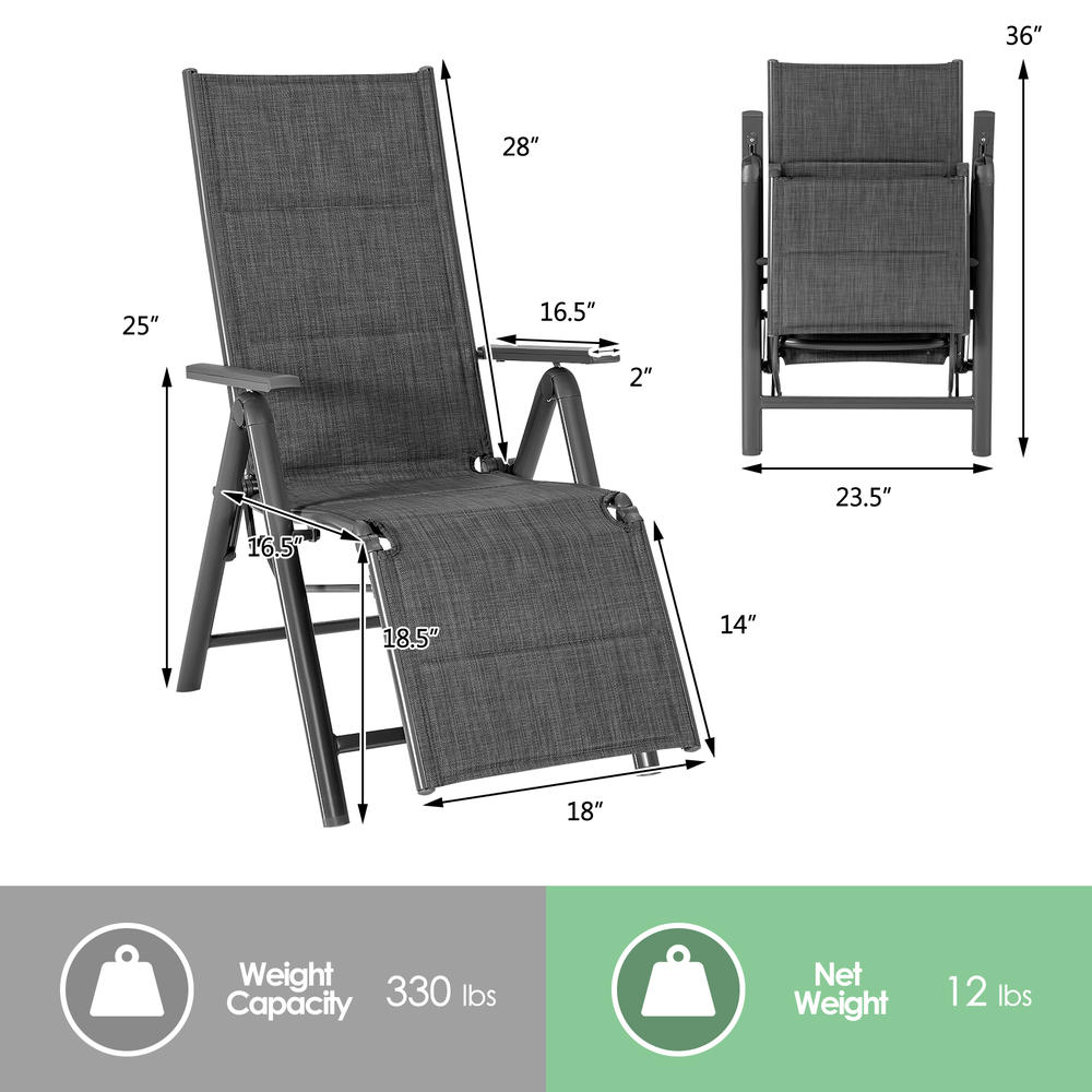 Topbuy Patiojoy 2PCS Outdoor Cotton-padded Lounge chair Portable Folding Lounge Chair w/7 Adjustable Positions
