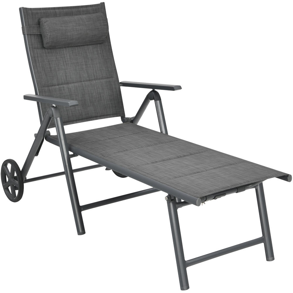 Topbuy Patiojoy Patio Chaise Lounge Chair Outdoor Reclining Chair w/Neck Pillow & Wheels Gray