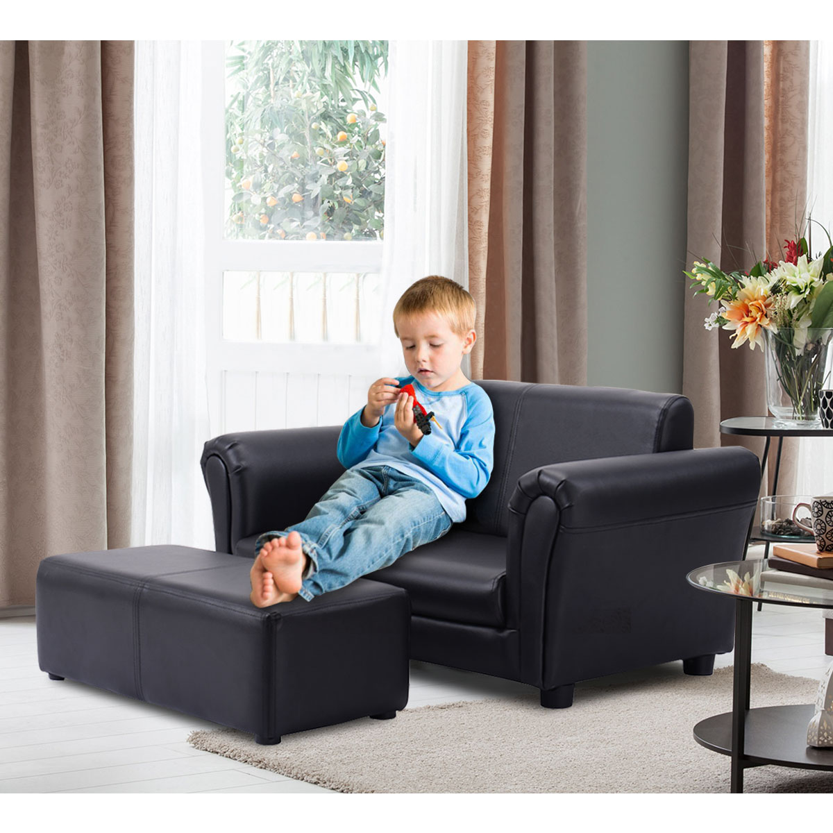 Topbuy Kids Sofa Upholstered Lounge Children Couch Ottoman w/ Armrest Black