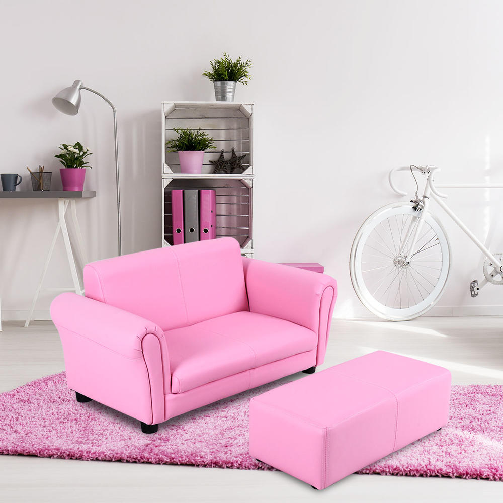 Topbuy Kids Sofa Upholstered Lounge Children Couch Ottoman w/ Armrest Pink