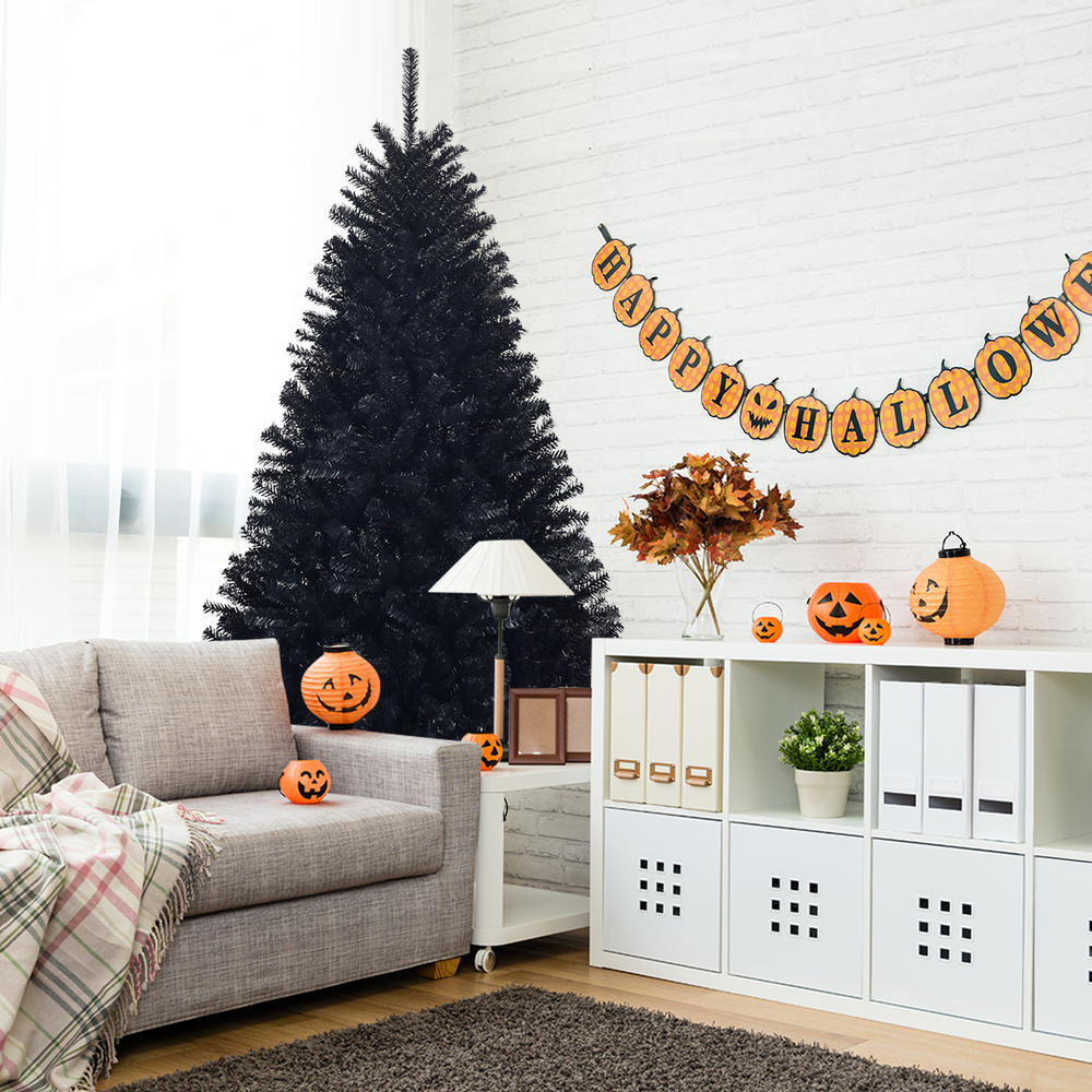 Topbuy Artificial Christmas Tree Halloween Hinged Spruce Full Tree with Metal Stand Black
